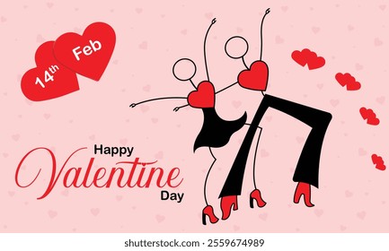 Best valentines day greeting card on light red background, couple dancing and romantic date, modern flat style vector illustration, eps10.