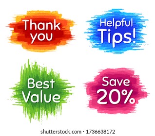Best value, 20% discount and helpful tips. Dirty brush stroke. Thank you phrase. Sale shopping text. Paint, ink watercolor brush stroke. Grunge painbrush dash. Vector