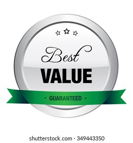 Best value seal or icon. Silver seal or button with stars and green color.