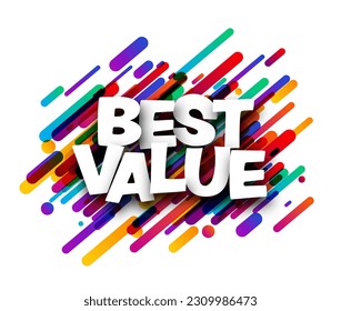 Best value sign over colorful brush strokes confetti background. Design element. Vector illustration.