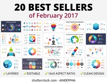 Best vector circle infographics set. Business diagrams, arrows graphs, startup logo presentations, idea chart. Option, part, 3, 4, 5, 6, 7, 8 steps, process. 16x9 infographic slide templates.