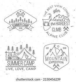 The best view comes after the hardest climb. Alpine club badge. Vintage line art design with ice axe, rock climbing Goat and mountain silhouette. Outdoors adventure emblem.