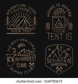 The best view comes after the hardest climb. Alpine club badge. Vintage line art design with ice axe, rock climbing Goat and mountain silhouette. Outdoors adventure emblem.