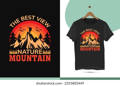 The best view nature mountain - Unique retro-style mountain t-shirt design template. Bird and hill silhouette vector illustration art. High-quality print for a shirt.