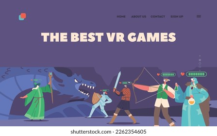 The Best Vr Games Landing Page Template. Characters Wearing Virtual Reality Headset and Fantasy Costumes Playing Mmorpg Video Game. Concept of Immersive 3d Digital World. Cartoon Vector Illustration