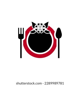 The best of Wedding table serving or Wedding plate icon with elements: fork, spoon, plate, and flowers. Vector Illustration in trendy red and black fill style. Editable graphic resources.