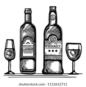 best whiskey bottles and cups drawn