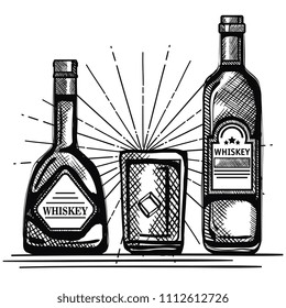 best whiskey bottles and cups drawn