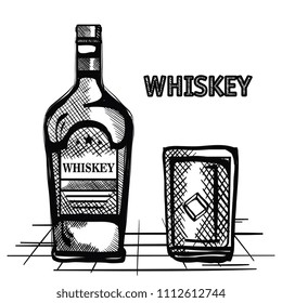 best whiskey bottles and cups drawn
