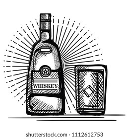 best whiskey bottles and cups drawn