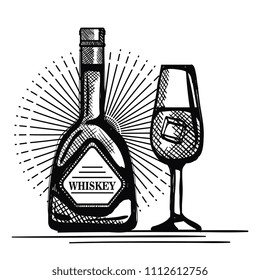 best whiskey bottles and cups drawn