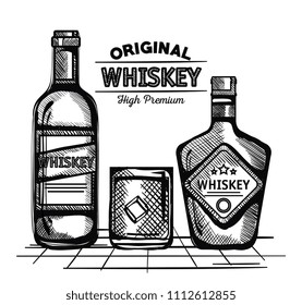 best whiskey bottles and cups drawn