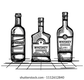 best whiskey set bottles drawn