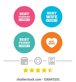 Best wife, husband and friend icons. Heart love signs. Award symbol. Calendar, cogwheel and report linear icons. Star vote ranking. Vector