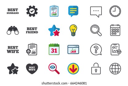 Best wife, husband and friend icons. Heart love signs. Award symbol. Chat, Report and Calendar signs. Stars, Statistics and Download icons. Question, Clock and Globe. Vector