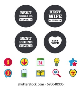 Best wife, husband and friend icons. Heart love signs. Award symbol. Calendar, Information and Download signs. Stars, Award and Book icons. Light bulb, Shield and Search. Vector