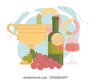 Best wine award. Bottle of wine with golden cup and glass. Alcoholic drink and beverage. Celebration and success. Reward and prize. Flat vector illustration isolated on white background