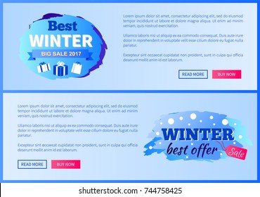 Best winter big sale 2017 vector illustration landing pages design with place for ext informing about reduction of prices, shopping labels with gifts