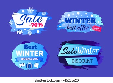 Best winter big sale 2017 special offer discount -70% vector seasonal labels with info about price reduction stickers with gifts and snowflakes