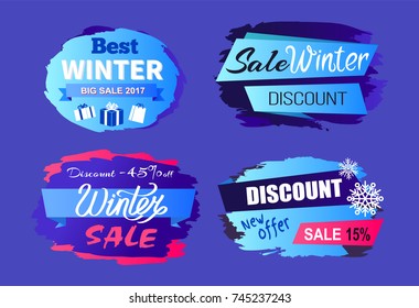 Best winter big sale 2017 price discount -45% today offer -15 best tags set of seasonal labels vector illustrations on blue, snowflakes and presents