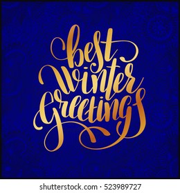 best winter greetings blue handwritten lettering inscription holiday phrase on ornamental background, typography banner with brush script, calligraphy vector illustration