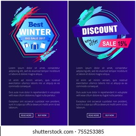 Best winter sale, discount -25% off, set of web sites with designed emblems, strokes and text below them, buttons isolated on vector illustration