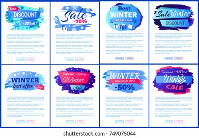 Best winter sale offer set of posters on white background. Vector illustration with cold-colored signs with snowflakes and presents in wrapping paper