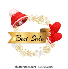 Best winter sale poster, warm red hat with white pom-pom and knitted glove, golden wreath made of snowflakes and ribbon. Woolen mittens and headwear vector