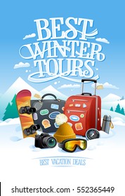 Best winter tours design concept with two big suitcases, snowboard, ski goggles, hat, compass, thermos and camera, against ski resort on a backdrop