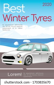 Mejor plantilla vectorial plana de afiche de neumáticos de invierno. Folleto de mantenimiento de Camiones, diseño de la página de la revista con ilustración de dibujos animados. Volante de sustitución de neumáticos de temporada, folleto con espacio de texto
