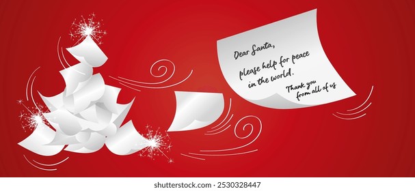 Best wish for Christmas and New Year 2025. Christmas greeting card on red background. White papers in the form of Christmas tree on the wind with wish written on one of them