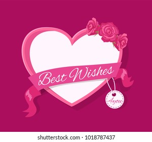 Best wishes 4 you greeting card design with heart shape border for text and pink rose flowers vector illustration in realistic design, Valentines day