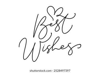 Best Wishes black and white line handwritten Christmas lettering text with heart. Inscription calligraphy vector illustration holiday phrase, typography banner with brush script.