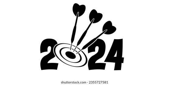 Best wishes card or banner, happy new year 2024 with dartboard symbol.  Cartoon dart arrows for dart board game. Successful business strategy concept. Targeted strategies. Success, goals. 