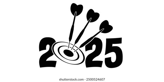 Tarjeta de los mejores deseos o Anuncio, feliz año nuevo 2025 con el símbolo de la diana. Flechas de dardos de dibujos animados para el juego de tablero de dardos. Concepto de estrategia de negocio exitoso. Estrategias específicas. Éxito, objetivos. 