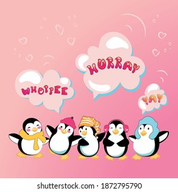 Best wishes card with cute cartoon penguins. Funny happy friends are happy to express their joy. Vector illustration on bright pink background. All objects are organised in groups and layers. 