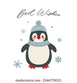 Best wishes card with cute penguin. Winter animal illustration. Christmas character. Simple flat style