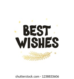 Best wishes card. Hand drawn lettering. Black text with gold christmas tree. Vector illustration isolated on white background