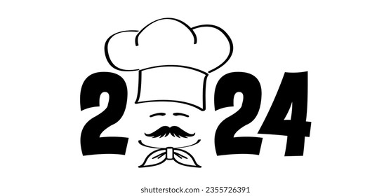 Carta de los mejores deseos, feliz año nuevo 2024 con gorra de chef con símbolo de bigote. Sombrero o gorra de chef. Cocina o sombrero de cocina. Logo o icono del menú del vector. Panadería de cocina de caricaturas. Navidad, tiempo de Navidad