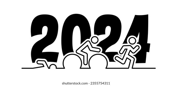 Best wishes card, happy new year 2024 and triathlon icon. Triathlon route. Sports for swimming, cycling and running or run, bike and swim pictogram. Vector activity. Triathlete, triathletes race.