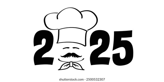 Tarjeta de los mejores deseos, feliz año nuevo 2025 con gorra de chef con símbolo de bigote. Sombrero o gorra de chef. Cocinero de cocina o sombrero de cocina. Logotipo o icono del menú del Vector. Panadería de cocina de dibujos animados. Navidades, tiempo de Navidad