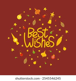 Best Wishes Christmas greeting card. Poster with vector hand drawn doodles, xmas decoration elements. Christmas poster background with copy space. Winter Holiday design layouts