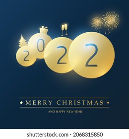 Best Wishes for Christmas and Winter Holidays - Golden and Dark Blue Happy New Year Card Background Design with Round Numerals - 2022