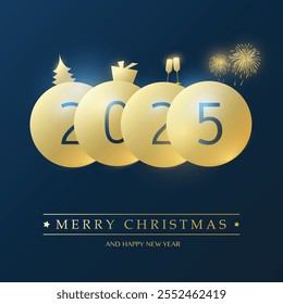 Best Wishes for Christmas and Winter Holidays - Golden and Dark Blue Happy New Year Card Background Design with Round Numerals - 2025