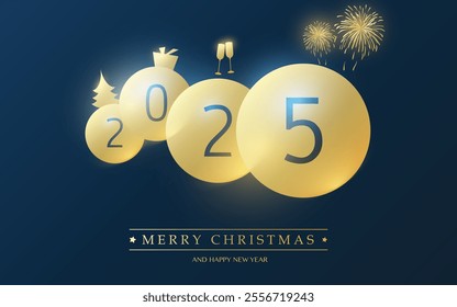 Best Wishes for Christmas and Winter Holidays - Golden and Dark Blue Happy New Year Invitation Card, Cover or Background Design with Round Numerals - 2025