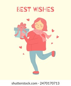 Mis mejores deseos. Linda chica con una caja de regalo. Tarjeta de felicitación. Ilustración vectorial