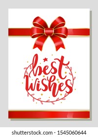 Best wishes decorative gift card with red ribbon bow and calligraphic inscription. Decoration on greeting postcard. Wreath and stars, symbol of xmas and new year in circle. Vector in flat style
