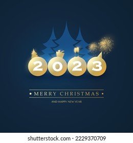 Best Wishes - Decorative Merry Christmas and Happy New Year Card Background with Blue Pine Trees and Golden Balls with Year Numbers and Symbos of Winter Season Holiday Progress - Vector Design - 2023