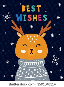 Best wishes, deer cute vector illustration, design for  nursery, childish greeting card