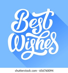 Best wishes fancy ink brush hand lettering on retro blue background with long gradient shadow. Vector illustration. Can be used for card design.